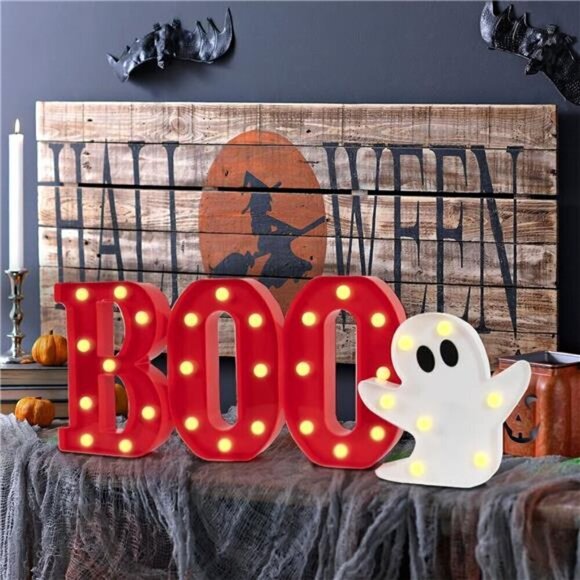 Halloween Decorations Indoor - 4 LED Light Up Letters Boo and Ghost Marquee Sign - Picture 3 of 7